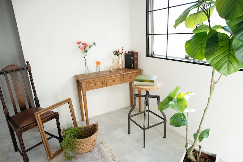 白壁、自然光、ウッディな家具、植物を活かすことで、さまざまな撮影が可能