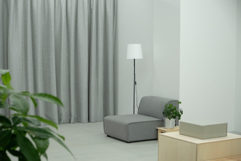 STUDIO ZYX｜グレーのソファ・フロアランプ・植物が配されたリビング調のセット組例