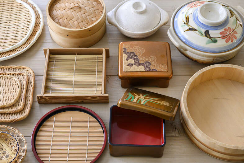 麻布十番メインキッチンスタジオ｜蒸籠、土鍋、木箱、すし桶