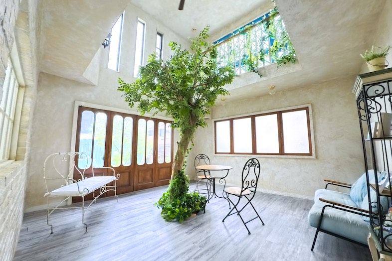 HOUSE STUDIO KUSCHEL｜【1F】シンボルツリーが印象的な高さ5.3mの吹き抜け玄関