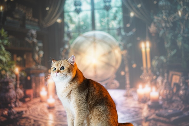 スタジオぶぶ｜リアル投影撮影イメージ 幻想的書斎の中の猫1